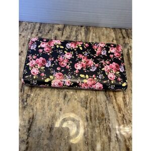 Continental Faux Leather Black Pink Floral Zip Around Wristlet Clutch Wallet